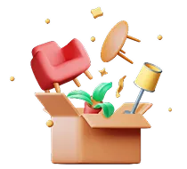 Ilustración de una caja de mudanza con objetos del hogar